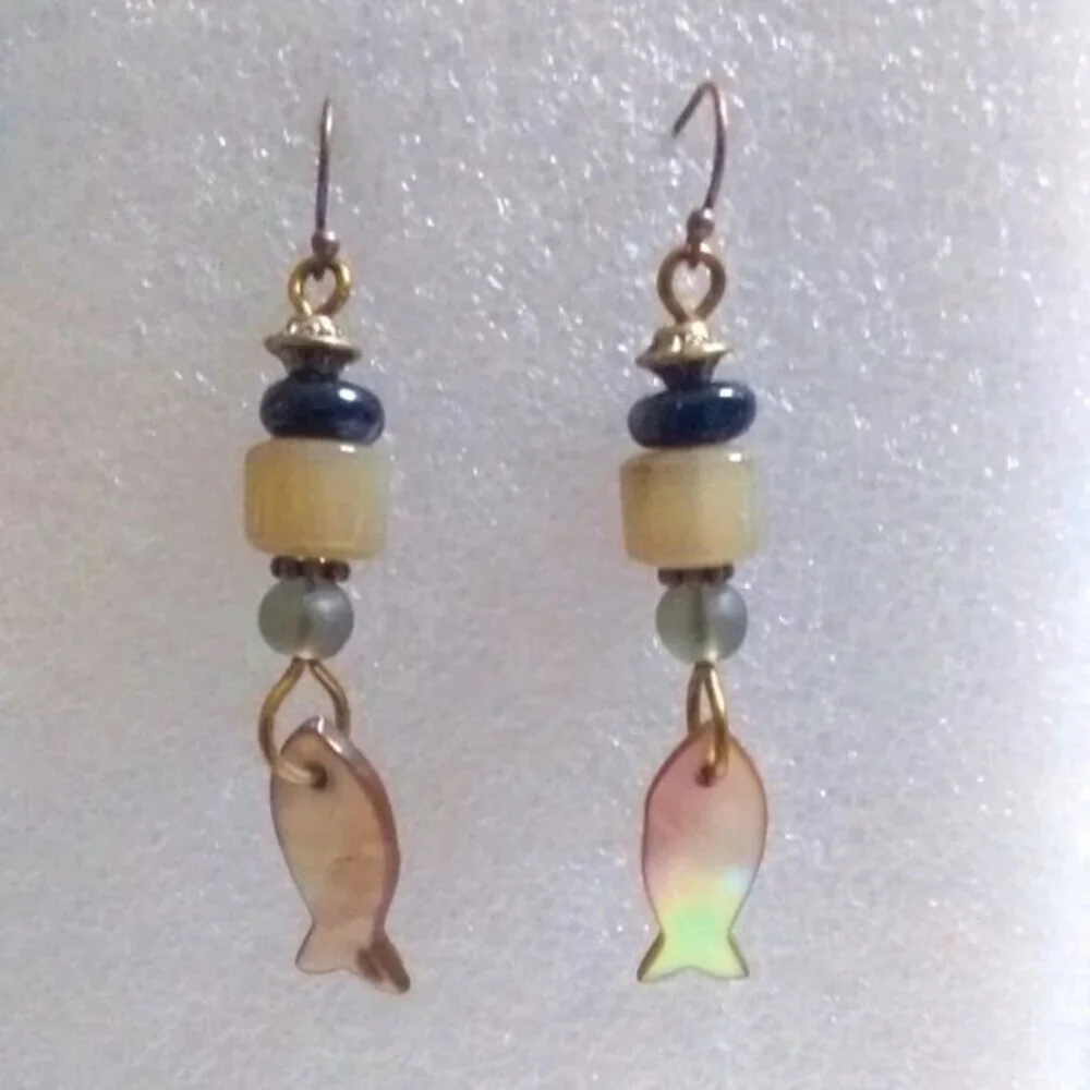 Fish Dangle Earrings - Handmade - Unique - One-of-a-kind - Neutral Color Palette